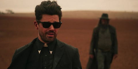 Dominic Cooper wears Ray-Ban Wayfarer RB 4340 601 sunglasses on the set of Preacher (TV series)