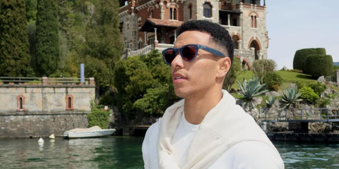 Actor Dominic D. Goodman was seen wearing blue Ray-Ban Meta Headliner RW4009 6698/5Q Polarised Smart Glasses with red lenses in Italy, shared through his Instagram post in April 2024.