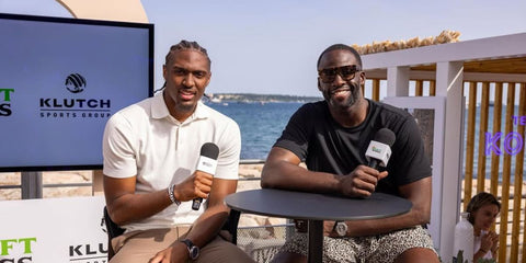 Draymond Green (right) is seen wearing tortoiseshell Tom Ford Renee TF847 52B sunglasses in a talk show with fellow Tyrese Maxey