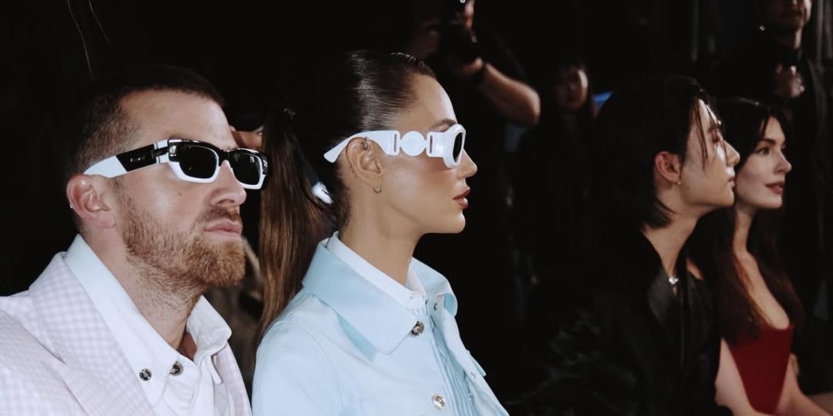 Drew Taggart of The Chainsmokers (left) is seen wearing black and white Versace 4465 5459/87 sunglasses to attend the brand's Fall/Winter 2024 fashion show in Milan