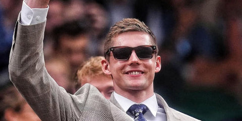 Olympic swimmer Duncan Scott was seen wearing striped brown Burberry BE4403 4096/80 sunglasses at the Wimbledon Tennis Championships 2025. Shop online now on Pretavoir