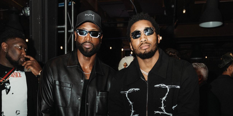 Dwyane Wade, pictured on the left, was seen wearing black and white Versace 4465 5459/87 sunglasses in Donovan Mitchell's Instagram post. Shop online now on Pretavoir