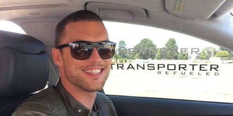 Ed Skrein was seen wearing black Ray-Ban Boyfriend RB 4147 601/87 sunglasses with grey lenses on the set of The Transporter: Refueled