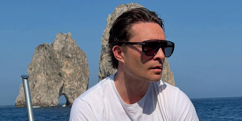 Ed Westwick was seen wearing black Tom Ford Achilles TF1182 01A sunglasses with grey Photochromic lenses in Napoli, June 2025.