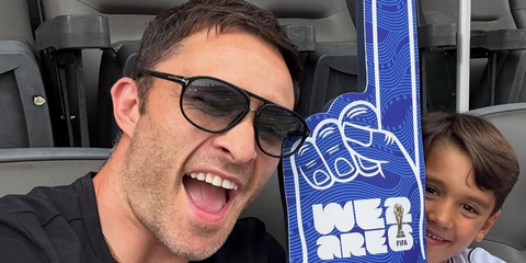 Ed Westwick was seen wearing black Tom Ford Jacob TF447 01P sunglasses with blue gradient lenses at the FIFA World Cup 2026.