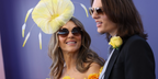 Elizabeth Hurley was seen wearing Tiffany & Co TF3077 6021/3B round sunglasses to the 2024 Melbourne Cup. Pictured with son Damian Hurley