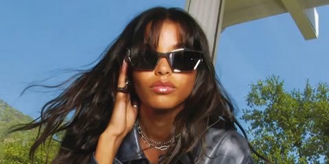 Ella Balinska was seen wearing palladium Givenchy Giv Cut Metal GV40066U 16C sunglasses in a NYLON magazine feature, February 2025.