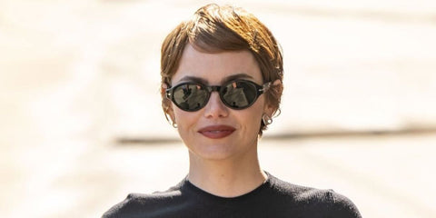Emma Stone was seen wearing black Persol Loris 3378S 95/31 oval sunglasses outside Jimmy Kimmel Live! studio in Los Angeles, July 2025. Shop online now on Pretavoir