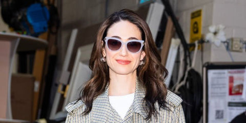 Emmy Rossum was seen wearing sand beige Jimmy Choo JC5018U 5025/8G sunglasses in New York City