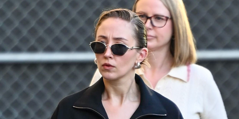 Erin Doherty was seen wearing gold Loewe Metal LW40115U 30A sunglasses with grey lenses outside Jimmy Kimmel Live! studios in Los Angeles, January 2026