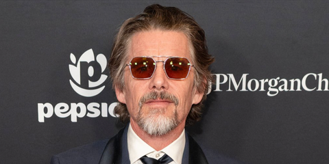 Ethan Hawke was seen wearing silver Oliver Peoples Tk-15 OV1365ST 5036/53 sunglasses with brown cognac lenses at the Time 100 Gala in New York City, April 2026.