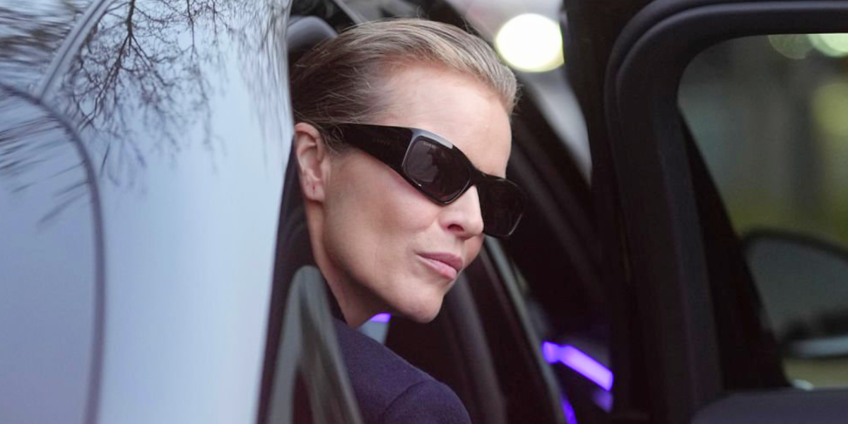 Czech supermodel Eva Herzigova was seen wearing black Gucci GG2273S 001  wraparound sunglasses during Paris Haute Couture Week Fall/Winter 2026
