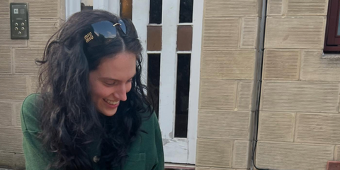 French-American actress Eva Victor was seen wearing Miu Miu Rimless Runway MU 54YS 5AK5S0 sunglasses following the Edinburgh International Film Festival, shared on her Instagram post in August 2025.