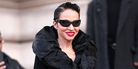 Algerian-French model Farida Khelfa was seen wearing black Tom Ford Leona-02 TF1365 01A sunglasses at the Schiaparelli Haute Couture Spring/Summer 2026 fashion show during Paris Couture Week.