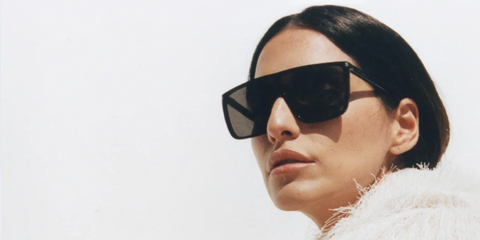 German-based Iranian model Farnoush Hamidian was seen wearing black Saint Laurent Sun SL 364 MASK ACE 001 shield sunglasses in The Frankie Shop campaign, April 2025.