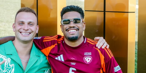 Brazilian actor and former footballer Felipe Gabriel Xavier, pictured with Andrew Wave, was seen wearing transparent Prada PR 06YS 12R09T sunglasses in his Instagram post, July 2025. Shop online now on Pretavoir