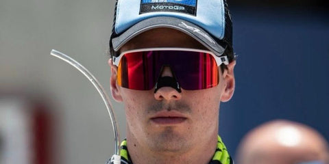 Spanish motorcycle racer Fermin Aldeguer was seen wearing white Oakley Sutro Lite S OO9496 02 sunglasses with Prizm ruby lenses at the GoPro Grand Prix of Aragon 2025. Shop online now on Pretavoir