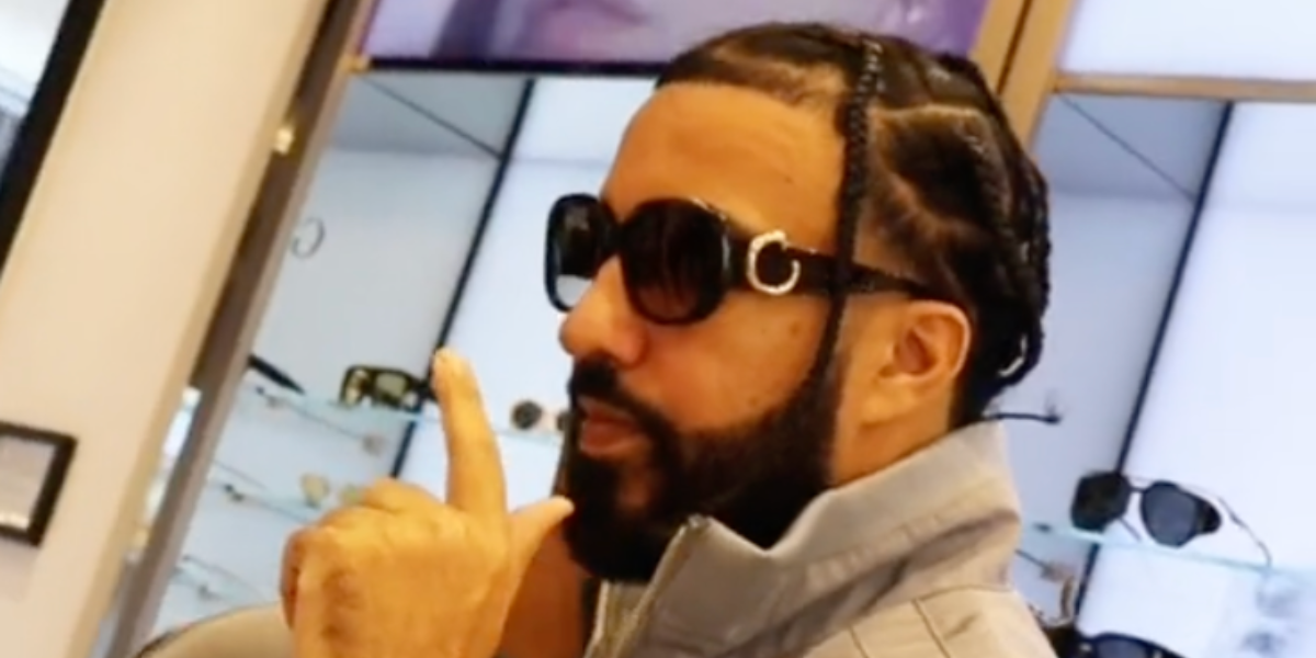 French Montana was seen trying on Cartier Panthere C CT0471SA 001 square sunglasses in an optic store in Paris