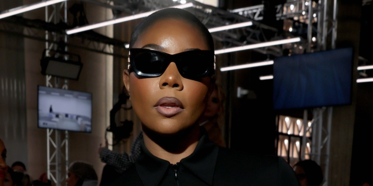 Gabrielle Union was seen wearing Miu Miu MU 09WS 1AB5S0 rectangular sunglasses to attend the brand's Fall/Winter 2023 fashion show during Paris Fashion Week