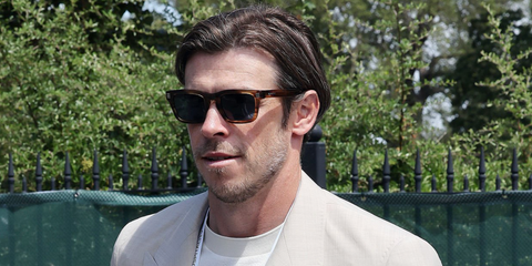 Former Welsh professional footballer Gareth Bale was seen wearing striped brown Burberry BE4403 4096/80 square sunglasses with blue lenses at the Wimbledon Tennis Championships 2025. Shop online now on Pretavoir