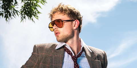 Actor Garrett Wareing was seen wearing tortoiseshell Tom Ford Vladimir TF1211 53E sunglasses with yellow lenses in a Flaunt Magazine feature, issue 199.