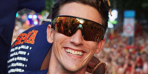 Spanish footballer Gavi was seen wearing black Oakley Meta Vanguard OW8001 04 Smart Glasses with 24k prizm lenses at the FIFA World Cup 2026 trophy parade in Madrid, following Spain's win in the tournament.