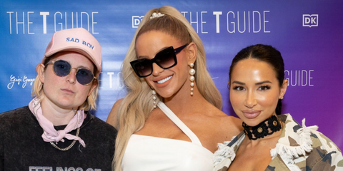 YouTuber and beauty influencer Gigi Gorgeous, pictured in the middle, was seen wearing black Dita Telemaker DTS704 01 cat eye sunglasses in Los Angeles, May 2023. Shop online now on Pretavoir