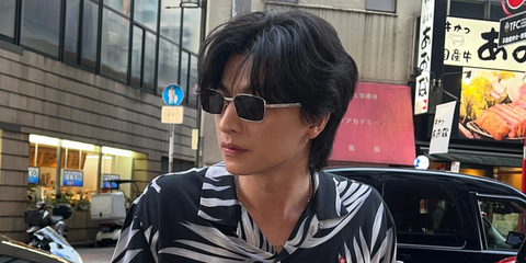 Thai actor and celebrity Gulf Kanawut was seen wearing gold Gucci GG1495S 001 rectangular sunglasses in his Instagram post, September 2025.