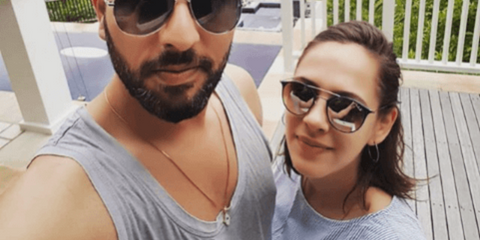 British-Mauritian actress Hazel Keech, pictured with husband Yuvraj Singh, was seen wearing black and gold Ray-Ban RB 3546 187/71  sunglasses