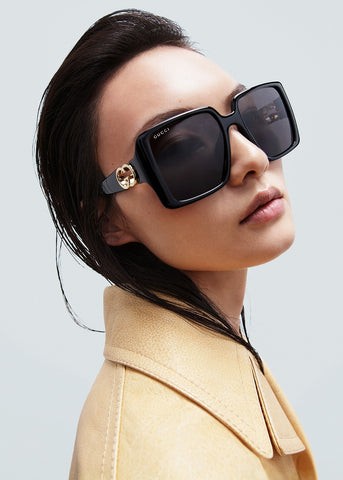 Chinese supermodel He Cong was seen wearing black Gucci GG1692SA 001 Asian Fit oversized butterfly sunglasses in the Gucci Fall/Winter 2024 Eyewear campaignn