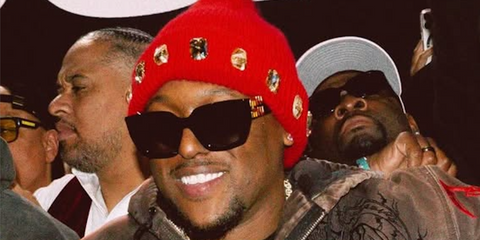 Rapper and record producer Hit-Boy was seen wearing black Miu Miu MU B05S 16K90A square sunglasses with grey gradient lenses in his Instagram post, February 2026.