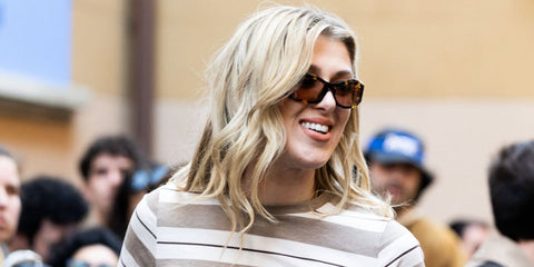 Actress Honor Swinton Byrne was seen wearing tortoiseshell Miu Miu MU 14ZS 14L90H sunglasses with brown lenses at the Milan Design Week 2025.