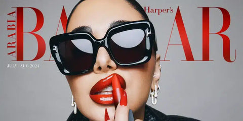 Huda Kattan wears Tom Ford Esme TF1157 01A sunglasses on the cover of Harper's Bazaar Arabia