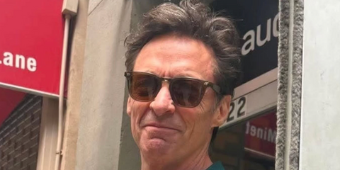 Hugh Jackman was seen wearing transparent green Garrett Leight Brooks X 2083 WIL/PCOF sunglasses with brown lenses in Australia, May 2026.