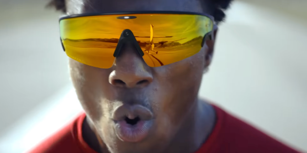 Livestreamer and content creator IShowSpeed was seen wearing Oakley Meta Vanguard OW8001 04 Prizm Smart Glasses in the Oakley Super Bowl 2026 campaign.