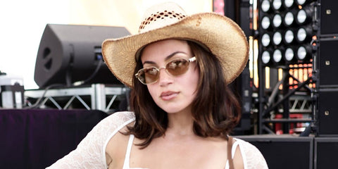 Canadian actress and YouTuber Inanna Sarkis was seen wearing gold and ivory Gucci GG1593S 002 sunglasses at the Revolve Festival 2025. Shop online now on Pretavoir