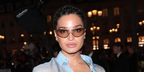 Indya Moore wore pale gold Tom Ford Brady-02 TF1396 32C sunglasses at the Tom Ford Spring Summer 2027 show during Paris Fashion Week.