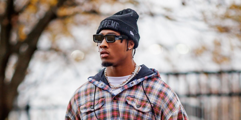 Basketball player Isaiah Simmons was seen wearing black and white Prada PR 06YS 09Q5S0 sunglasses in New Jersey, October 2023. Shop online now on Pretavoir