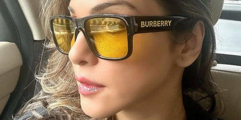 Bollywood actress Isha Koppikar was seen wearing black Burberry Knight BE4358 300185 sunglasses with yellow lenses in her Instagram post, August 2025. Shop online now on Pretavoir