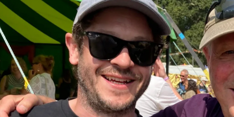 Welsh actor Iwan Rheon was seen wearing black Ray-Ban Blaze Wayfarer RB 4440N 601/71 sunglasses at the Green Man Festival 2025.