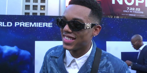 Jabari Banks was seen wearing Versace 4361 GB1/87 Medusa Biggie Sunglasses at the "Nope" premiere