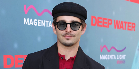 Actor Jack Griffo was seen wearing black Garrett Leight Evan 2171 BK/SFPBLU sunglasses with blue lenses at the premiere of "Deep Water" in Los Angeles, April 2026.