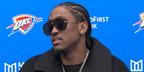 Celebrity basketball player Jalen Williams of Oklahoma City Thunder was seen wearing tortoiseshell Bottega Veneta BV1273S 005 Drop Aviator sunglasses at a postgame interview in November 2024.