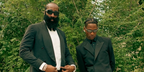 James Harden, pictured left with Travis Scott, was seen wearing black Bottega Veneta BV1303S 001 intrecciato sunglasses