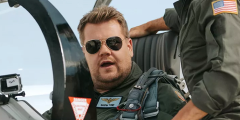 James Corden wears Ray-Ban Aviator 3025 001/58 while filming The Late Late Show