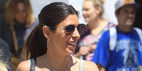Actress Jamie-Lynn Sigler was seen wearing gold Ray-Ban Aviator RB 3025 112/M2 sunglasses with brown Polarised lenses in Los Angeles, April 2019