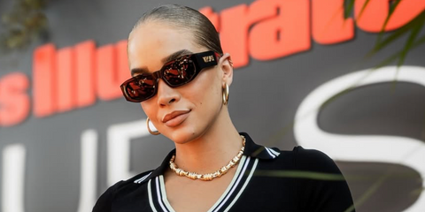 Model Jasmine Sanders widely known as Golden Barbie was seen wearing black Versace 4489U GB1/87 sunglasses at the F1 Austin Grand Prix 2025.