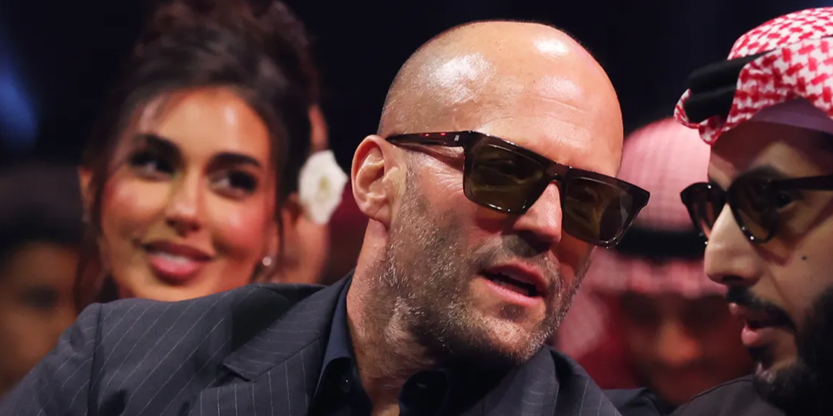 Jason Statham was seen wearing tortoise Mykita Sun Acetate Bold Lome C179 sunglasses at a boxing match between Tyson Fury vs Oleksandr Usyk in Saudi Arabia