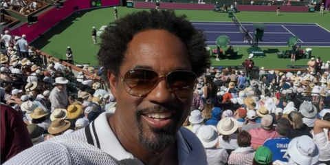 Actor Jason Winston George was seen wearing Ray-Ban Aviator 3025 001/51 Gold/Light Brown Gradient sunglasses at the BNP Paribas Open at Indian Wells Tennis Garden, March 2026.