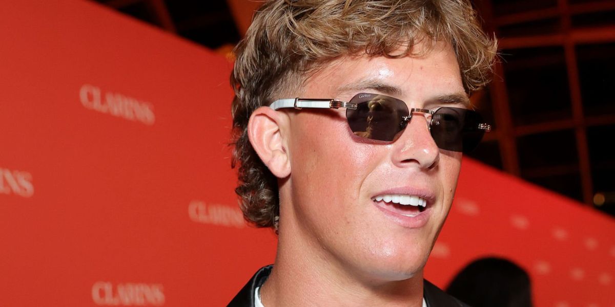 American football quarterback Jaxson Dart of New York Giants was seen wearing gold and white Cartier Buffalo Horn CT0362S 003 sunglasses at a Clarins event in Los Angeles, March 2026.